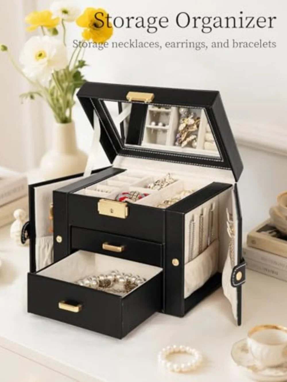 Jewelry Organizer with Mirror & Lock, 3-Tier‎ Jewelry Storage